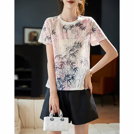 宝诗黎圆领烫钻印花短袖T恤2025夏季新款国风短款休闲雪纺上衣女图片