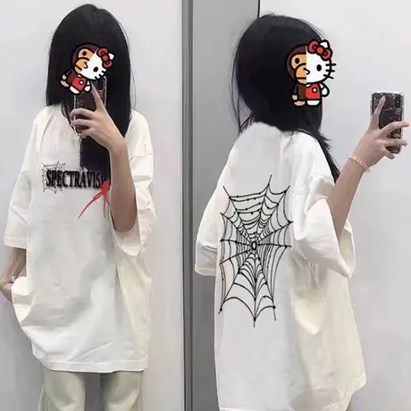 夏季新款情侣重磅100%纯棉气质美式高街字母蜘蛛印花t恤女装2025图片