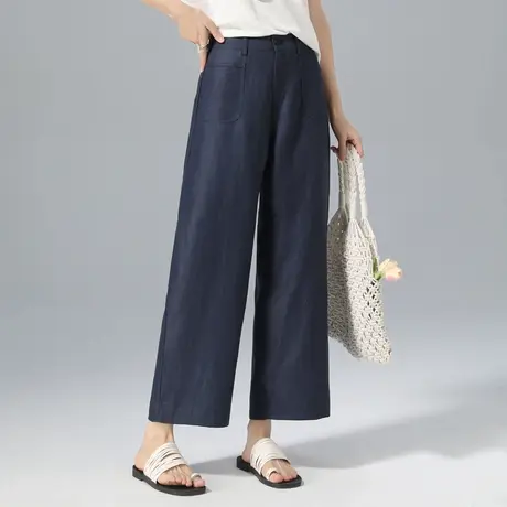 天丝亚麻阔腿裤女夏季薄款2025新款高腰宽松直筒裤九分藏蓝色裤子图片
