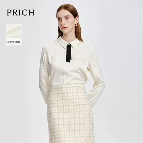 【缎面】PRICH简约通勤撞色飘带衬衫春季修身显瘦衬衣女图片
