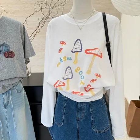 彩色蘑菇印花小个子圆领凉感宽松显瘦防晒长袖T恤薄款女罩衫上衣商品大图