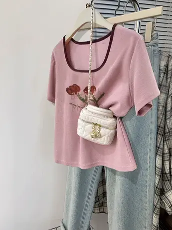 韩系chic别致小上衣短款方领设计感甜辣风T恤女ins正肩大码短袖夏图片