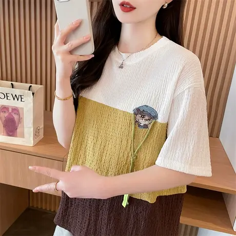 设计感小众短袖t恤女2025新款夏季韩版宽松大码初中生拼色上衣服图片