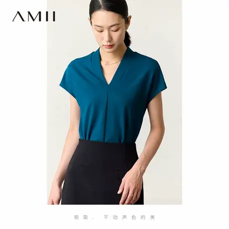 Amii2025夏季新款气质V领连肩短袖T恤女纯色显瘦弹力罗马布上衣图片