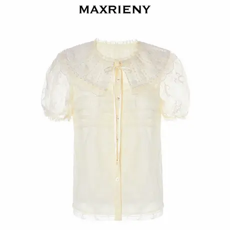 【奥莱】MAXRIENY甜美复古米白木耳边蕾丝雪纺衫夏季短袖上衣女图片