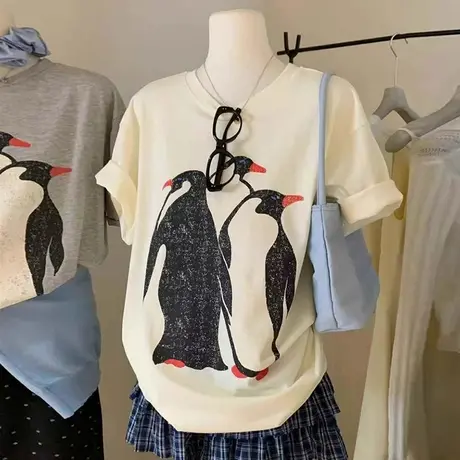 设计感小众短袖T恤女夏季韩版宽松bf慵懒风做旧印花纯棉半袖上衣商品大图