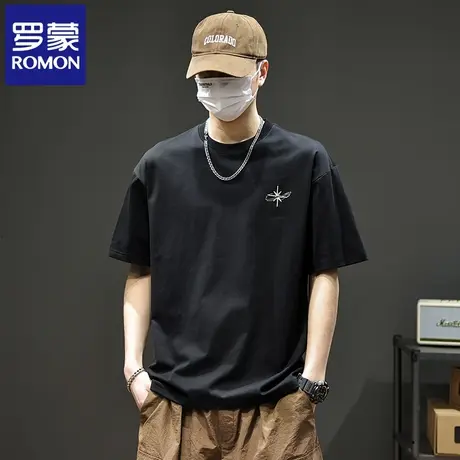 罗蒙2025新款刺绣男款短袖t恤夏季宽松圆领透气纯棉半袖上衣男N1Z图片