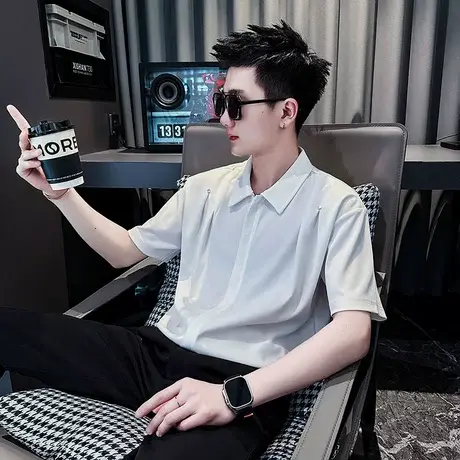 2025新款衬衫夏季潮牌宽松短袖衬衣潮流个性纯色上衣男款休闲外套商品大图