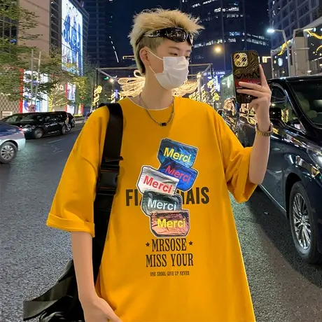 潮牌纯棉短袖T恤男夏季2025新款宽松大码半袖美式高街情侣上衣服图片