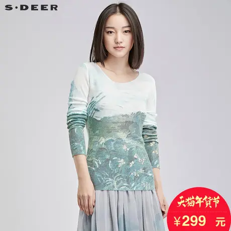 sdeer圣迪奥女2018秋装印象绿意印花针织衫套头圆领毛衣S16483548图片