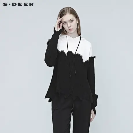 sdeer圣迪奥春装女装运动休闲连帽拼接做旧毛边针织卫衣S20382219图片