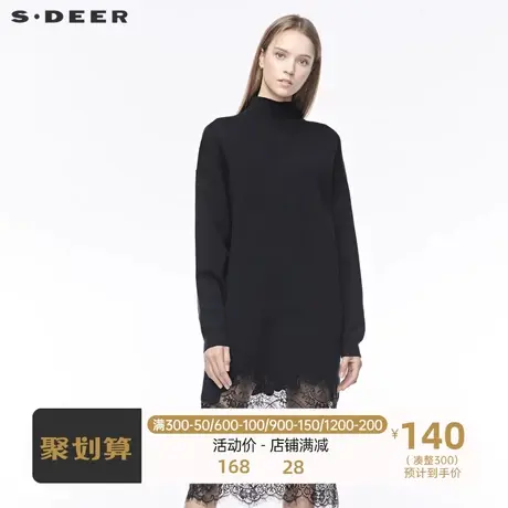 sdeer圣迪奥女半高领蕾丝拼接落肩袖长款纯黑针织S194835H8图片