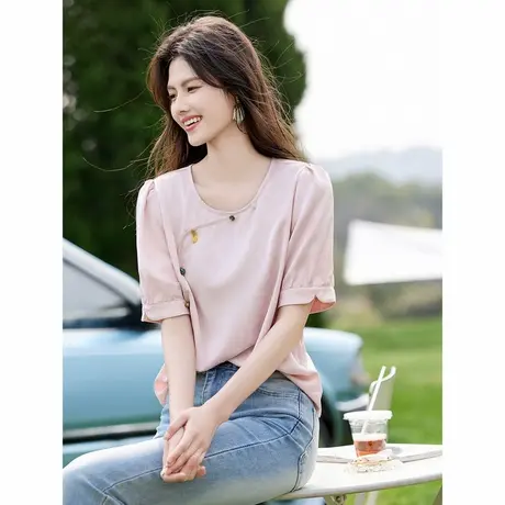 时尚气质衬衫2024年夏季新款休闲百搭简约圆领国风短款短袖上衣图片