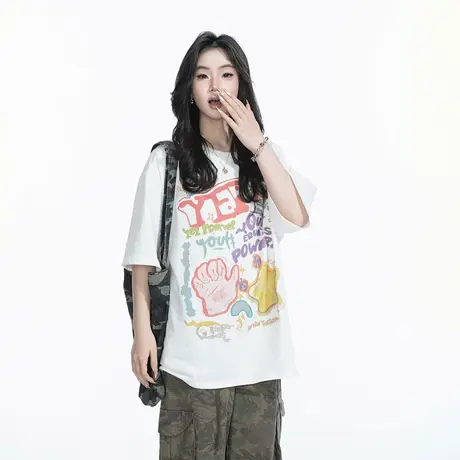 YEP2025新款夏季潮酷美式涂鸦印花T恤女短袖情侣款宽松半袖上衣图片