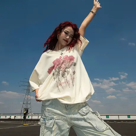 YEP国潮复古水彩画t恤女2025新款印花纯棉短袖上衣宽松新中式半袖图片