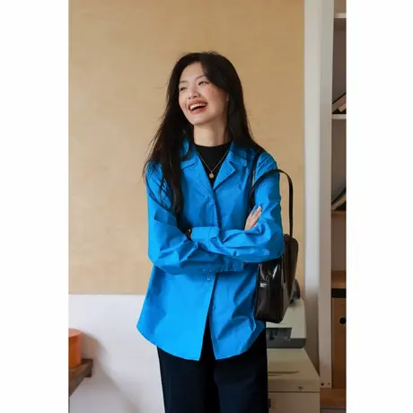 弥古克莱因蓝古巴领正肩衬衫女上衣高级感2025春外套宽松内搭衬衣图片