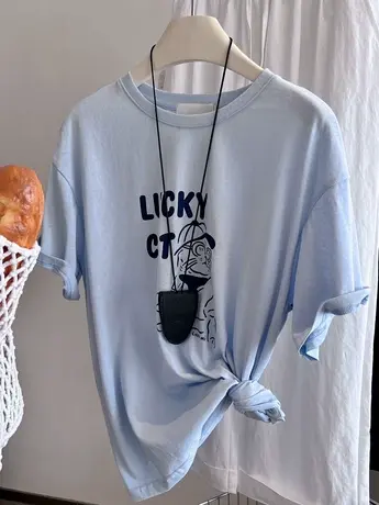 招财猫 韩国手绘设计感爽滑凉感百搭休闲雪花棉薄款短袖t恤女夏装商品大图