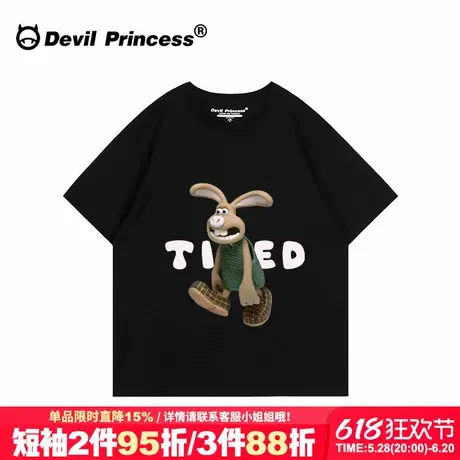 美式校园风vintage古着感黑色短袖t恤女小众卡通潮牌宽松纯棉上衣商品大图