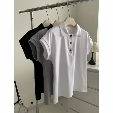 气质高级感Polo领短袖T恤女夏装韩版修身显瘦纯棉插肩半袖上衣服商品大图