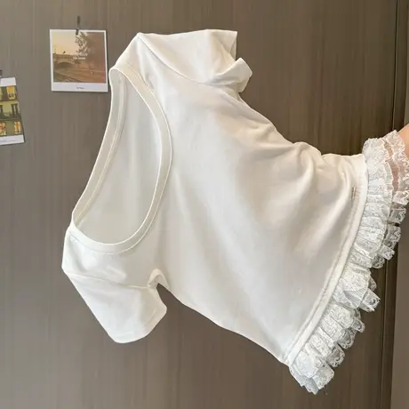 蕾丝花边拼接下摆短袖T恤女夏季修身韩版小个子短款U领正肩上衣潮图片