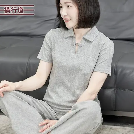 新中式弹力短袖翻领T恤纯色女士夏季中国风盘扣今年流行上衣半袖图片