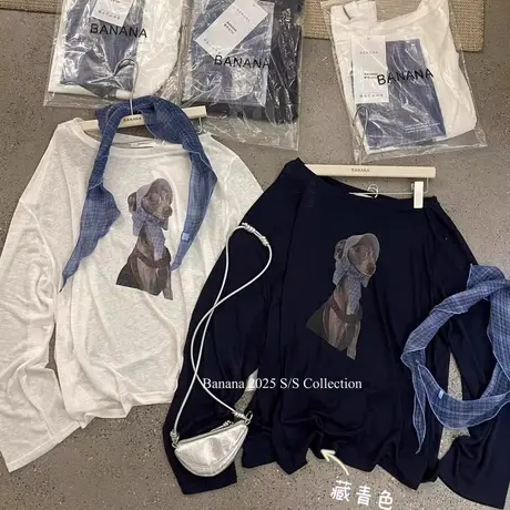 韩国东大门夏季新款小狗印花薄款防晒罩衫斜肩长袖T恤露肩上衣女商品大图