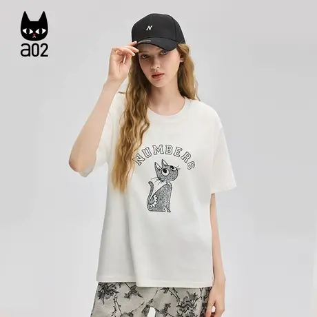 a02猫猫宽松圆领短袖女T恤2025新款薄款白色上衣通勤穿搭半袖图片