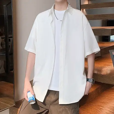 美式重磅短袖衬衫男夏季新款纯色翻领休闲衬衣潮牌港风情侣外套衫商品大图