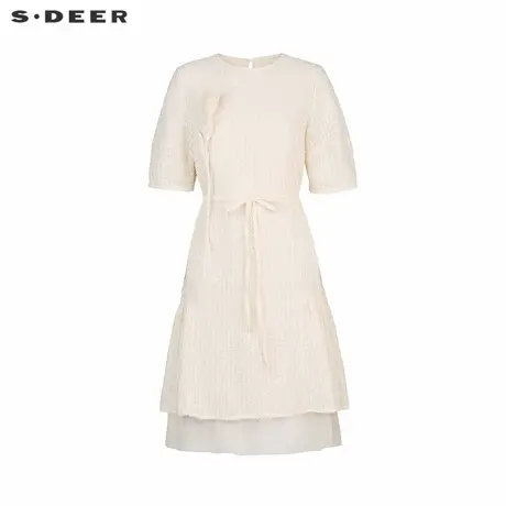 sdeer圣迪奥女装25年新品圆领花朵格子网纱短袖连衣裙S252Z1284商品大图