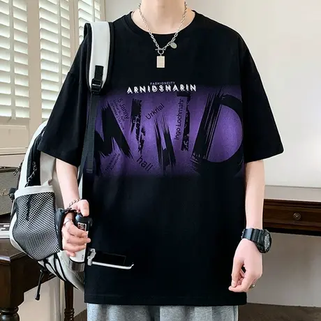 短袖t恤男夏季潮牌渐变印花五分半袖男宽松上衣服青少年休闲体恤T图片