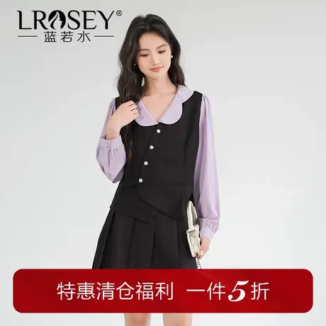 蓝若水大码女装温柔花瓣领假两件上衣胖mm秋装新款淑女收腰雪纺衫商品大图