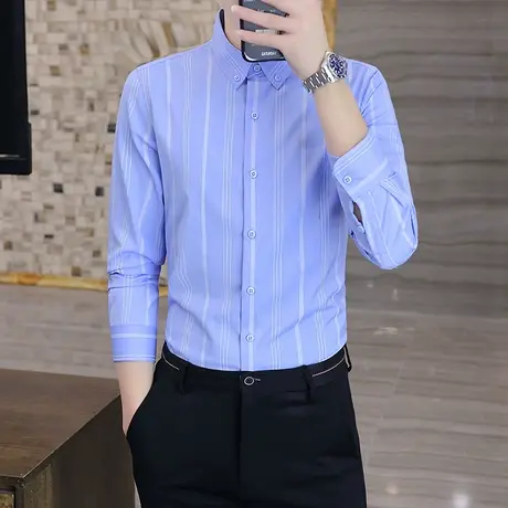 男士衬衫2024春秋季新款免烫高级感衬衣条纹休闲帅气高端正装寸衣商品大图
