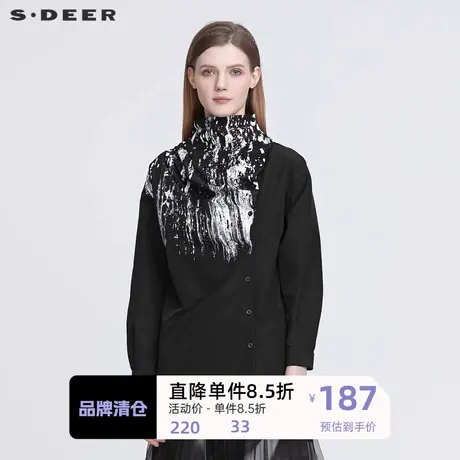 sdeer圣迪奥女装个性立领不规则涂鸦长款黑色衬衫S22180521👄商品大图