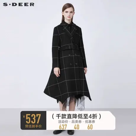 sdeer圣迪奥冬季西装领收腰格纹长款毛呢大衣女S21481821🏹商品大图