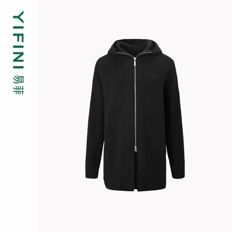 [专柜同款]Yifini/易菲连帽坑条黑色毛衫女百搭保暖毛织外套冬商品大图