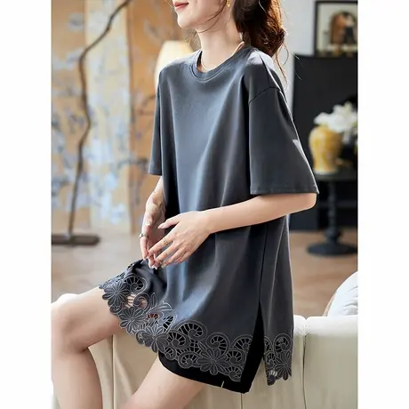 宝诗黎圆领刺绣镂空拼接T恤女2025春夏简约百搭棉质纯色短袖上衣图片