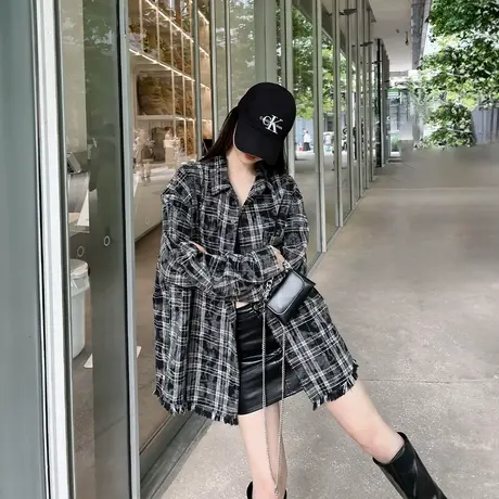 复古黑色扎染格子衬衫女春秋2025新款潮牌长袖上衣宽松情侣装衬衣图片