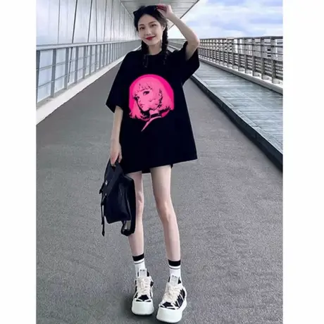 爆款夏季黑色短袖女t恤2025新款时尚洋气印花中长款大版宽松上衣图片