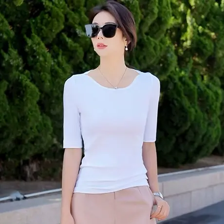 白色半袖一字领打底衫紧身弹力棉t恤女新款夏季内搭纯色简约上衣图片