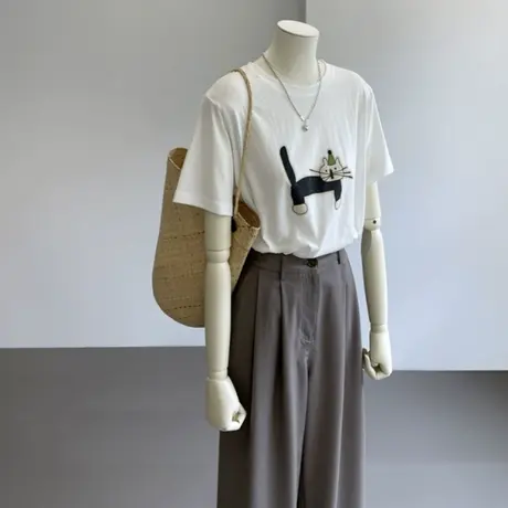 卡通猫咪印花白色短袖T恤女2025夏季新款宽松轻薄微透雪花棉上衣图片