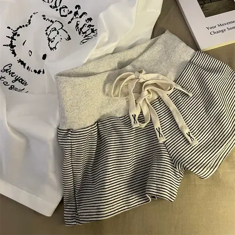 辣妹高腰阔腿休闲短裤女夏季韩版百搭宽松条纹抽绳运动包臀热裤潮商品大图