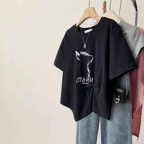 美式复古chic黑色大码T恤女不规则设计感正肩短款短袖显瘦上衣夏商品大图