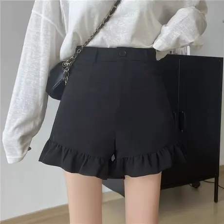 2025新款春夏新款小个子高腰短裤女大码荷叶花边西装A字阔腿热裤商品大图