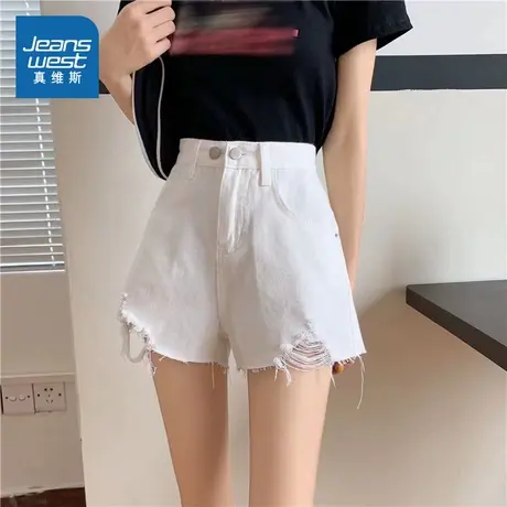 LE真维斯女装2025夏季新款 高腰a字百搭显瘦宽松破洞牛仔短裤商品大图