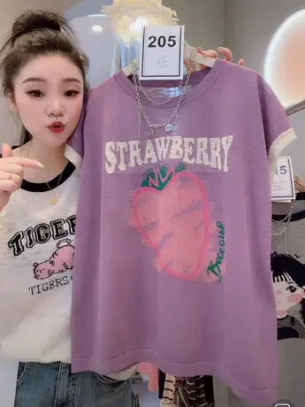 提花草莓短袖t恤女2023夏装新款针织冰丝宽松减龄体恤百搭上衣洋商品大图