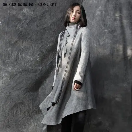 sdeer圣迪奥女装2017冬装流动灰调布条装饰毛呢大衣S15481813图片