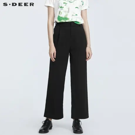 sdeer圣迪奥夏装简约插袋压褶通勤直筒黑色长裤S21260829图片