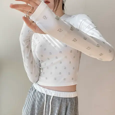 烫钻套手指长袖t恤女2025春新款圆领正肩修身带钻白色内搭打底衫商品大图