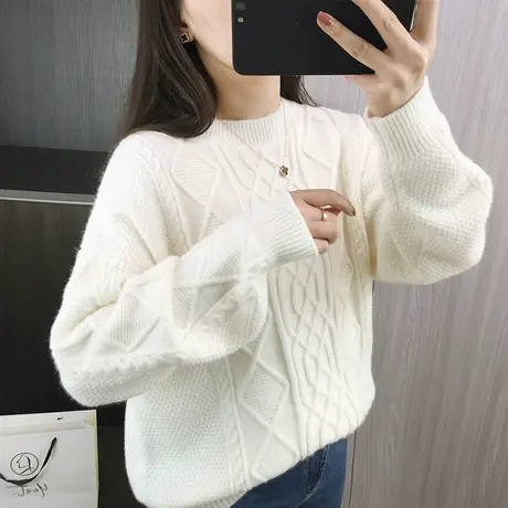 圆领套头毛衣女士春秋季2024新款外穿慵懒风宽松针织衫复古上衣商品大图