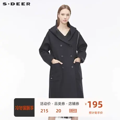 sdeer圣迪奥风衣外套女连帽双排扣拉链拼接字母纯黑大衣S19481837图片